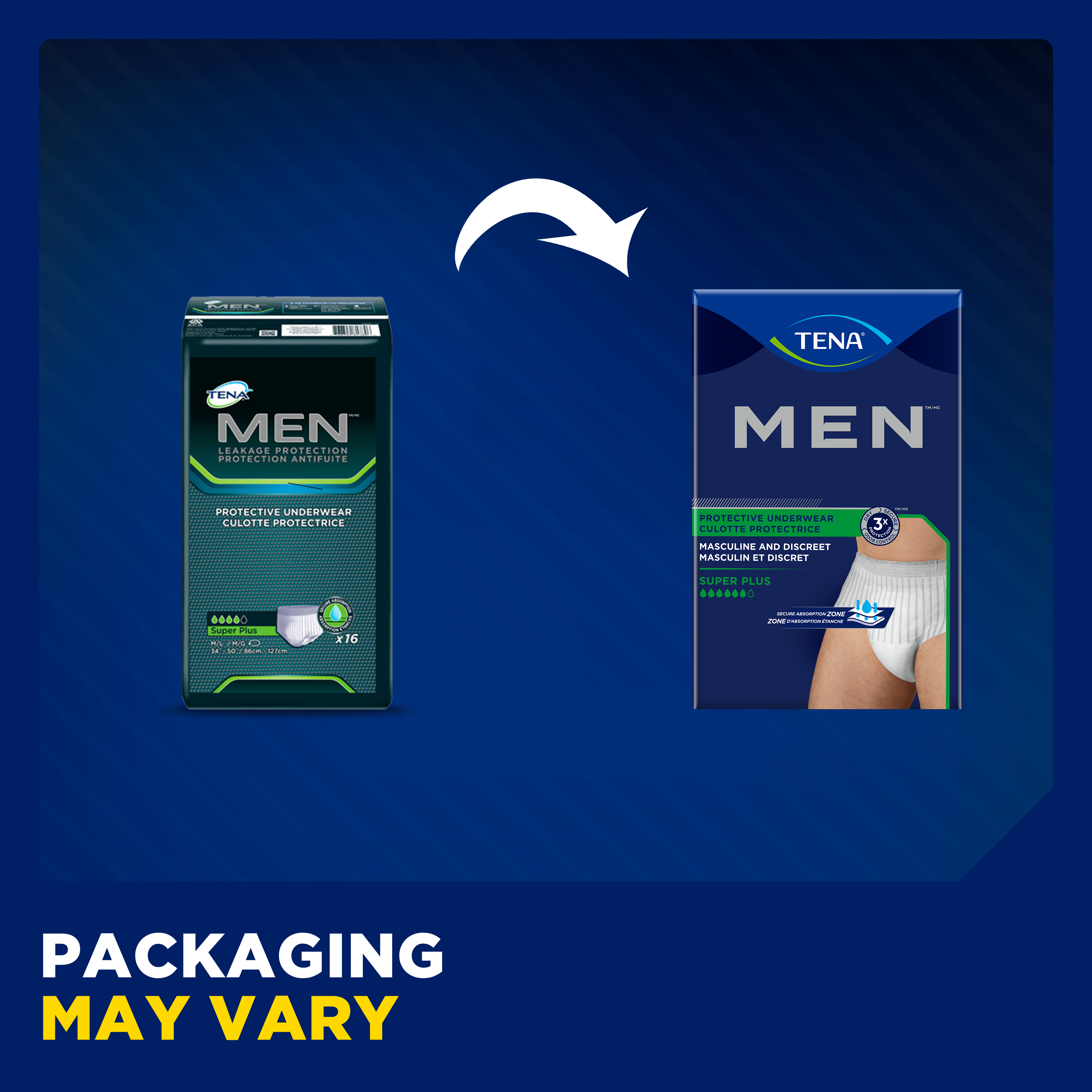An image of the old and new packaging for Men's Super Plus Underwear with words, packaging may vary