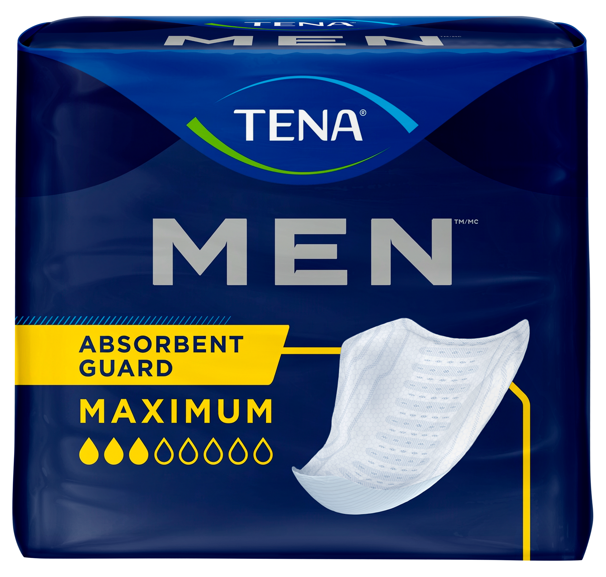 TENA Men Maximum absorbent guard in a dark blue package with yellow and white accents, featuring a graphic of the absorbent pad.