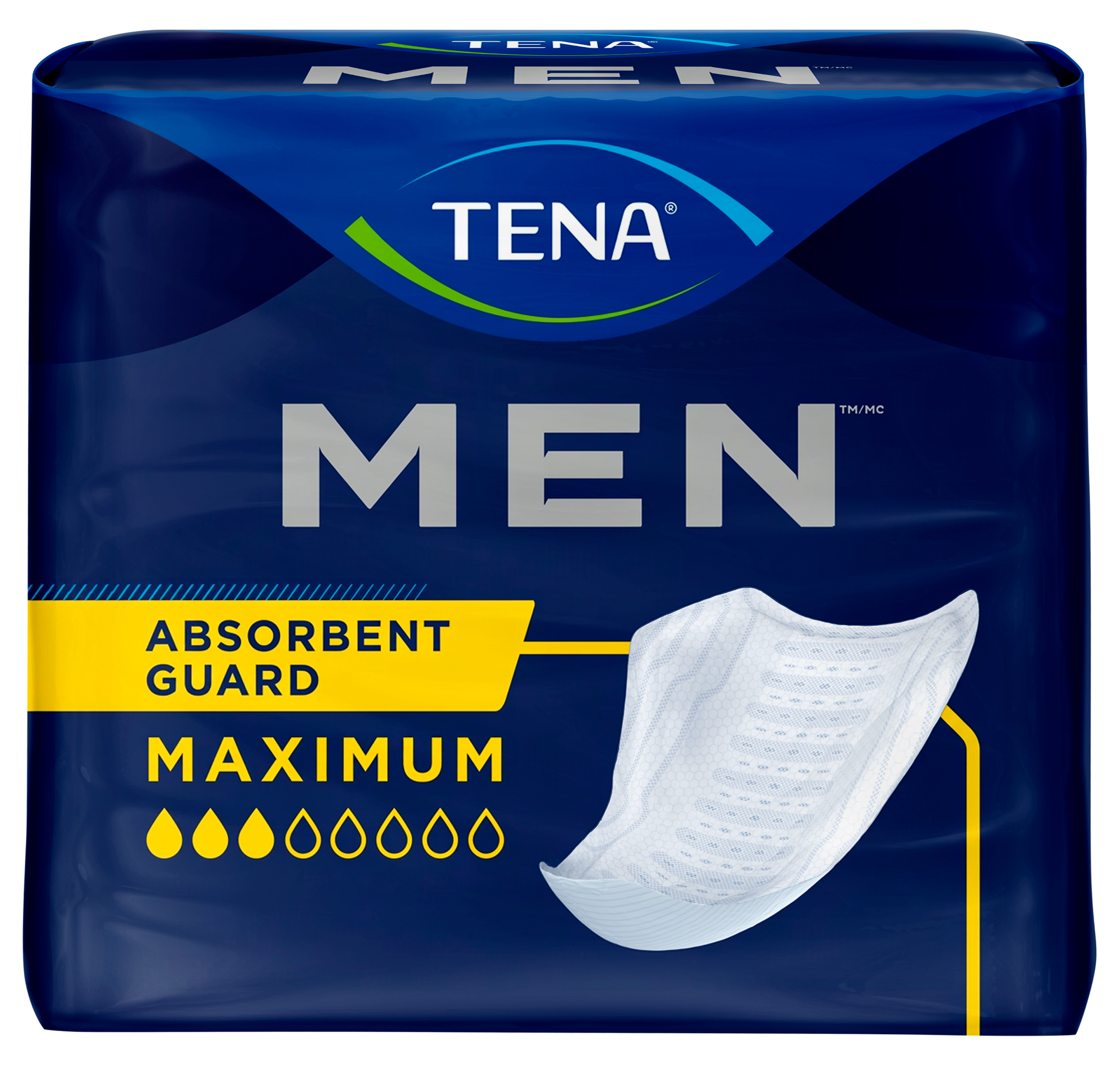 TENA Men Maximum absorbent guard in a dark blue package with yellow and white accents, featuring a graphic of the absorbent pad.