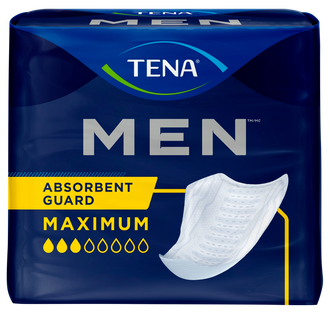 TENA Men Maximum absorbent guard in a dark blue package with yellow and white accents, featuring a graphic of the absorbent pad.