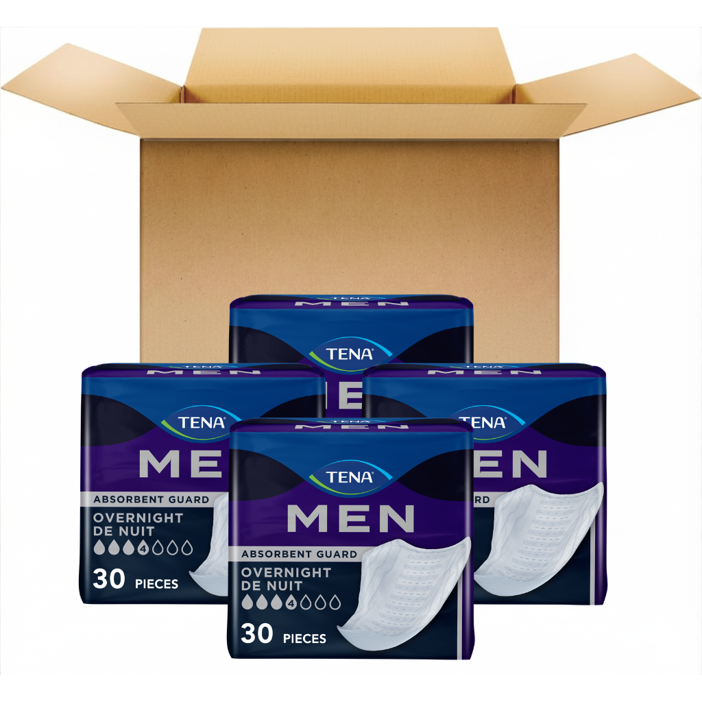 Four packs of TENA Men Overnight Guard absorbent pads