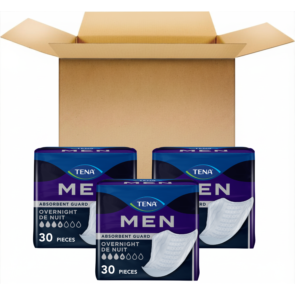 Three packs of TENA Men Overnight Guard absorbent pads, 30 pieces each