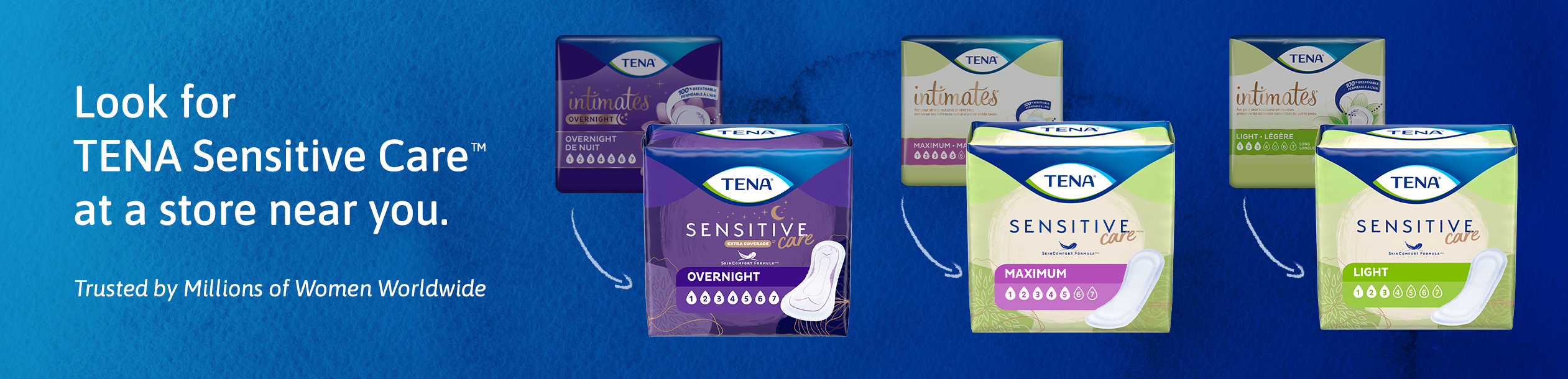 Look for TENA Sensitive Care at a store near you with images of new and old packages