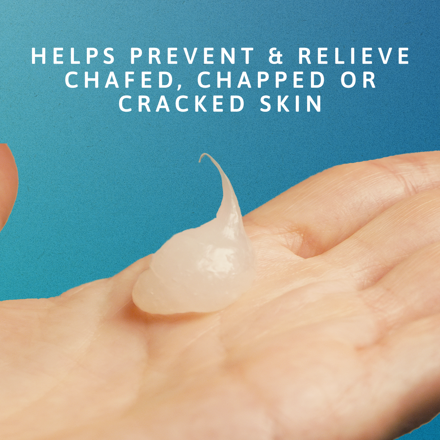 A picture of a hand with cream with words helps prevent and relieve chafed skin