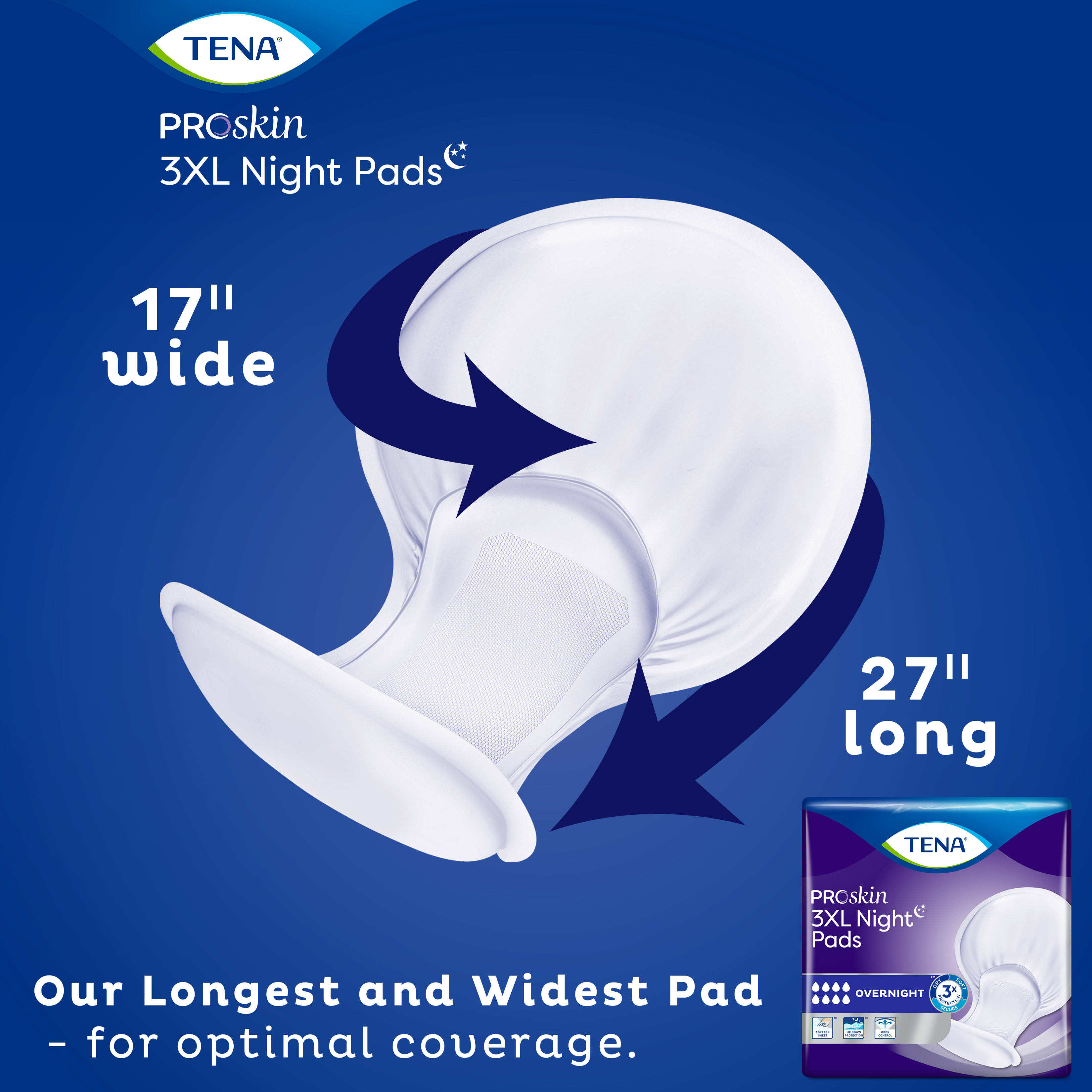An image of a package and product of 3XL pads with words, Our longest and widest pad - for optimal coverage