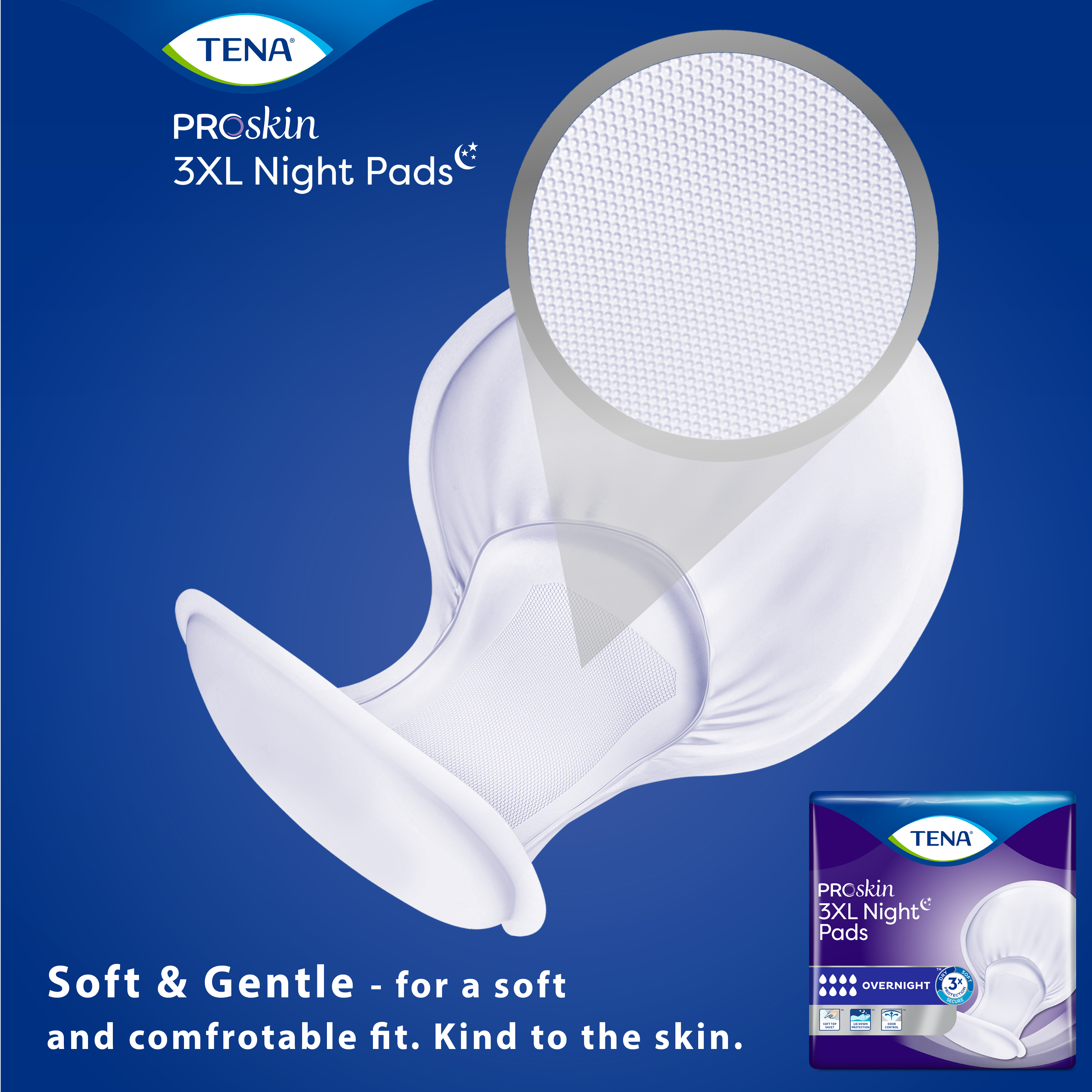 An image of a package and product of 3xl night pads, with words soft and gentle