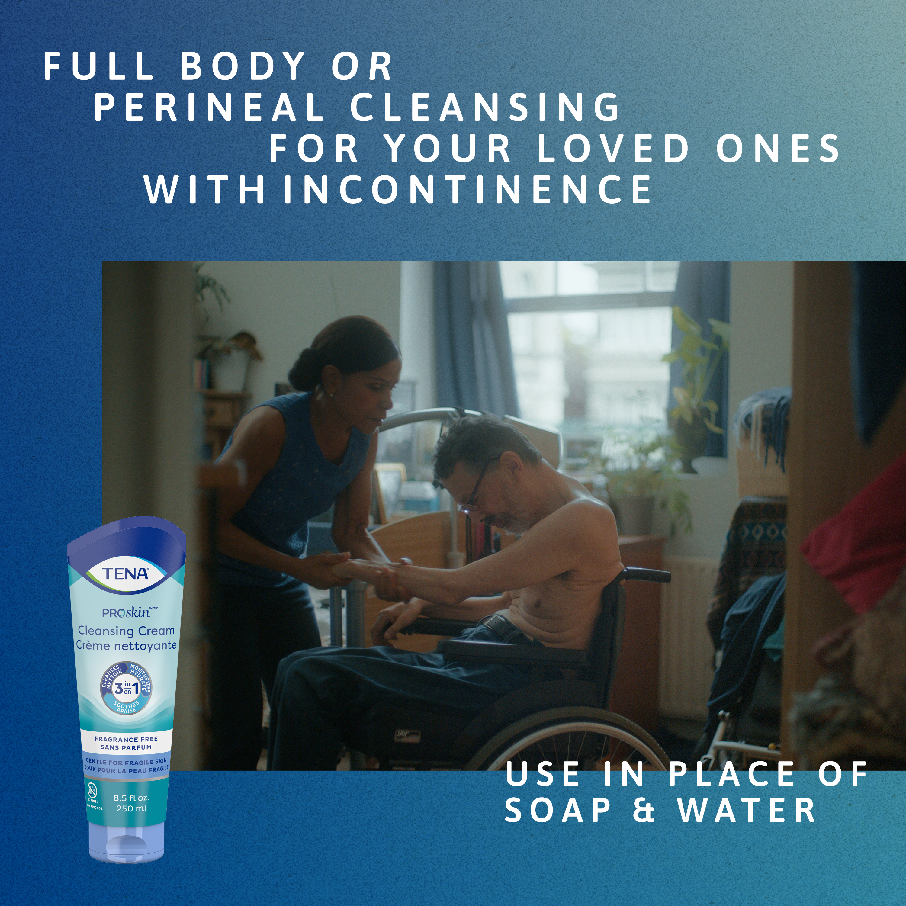 an image of a woman bathing her husband with a tube of cleansing cream, with words, use in place of soap and water