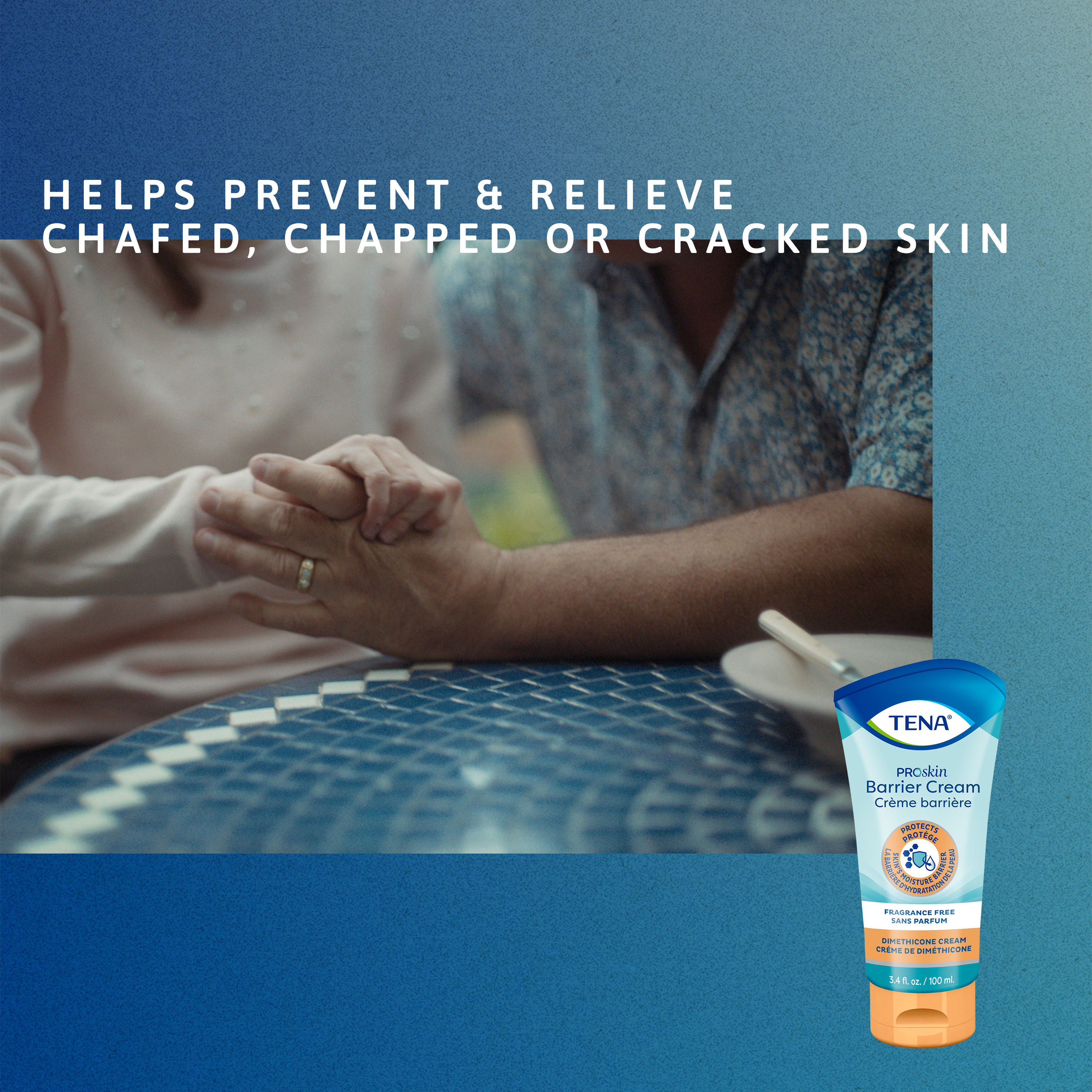 two people holding hands with a tube of barrier cream, with words, helps prevent chafed, chapped or cracked skin  
