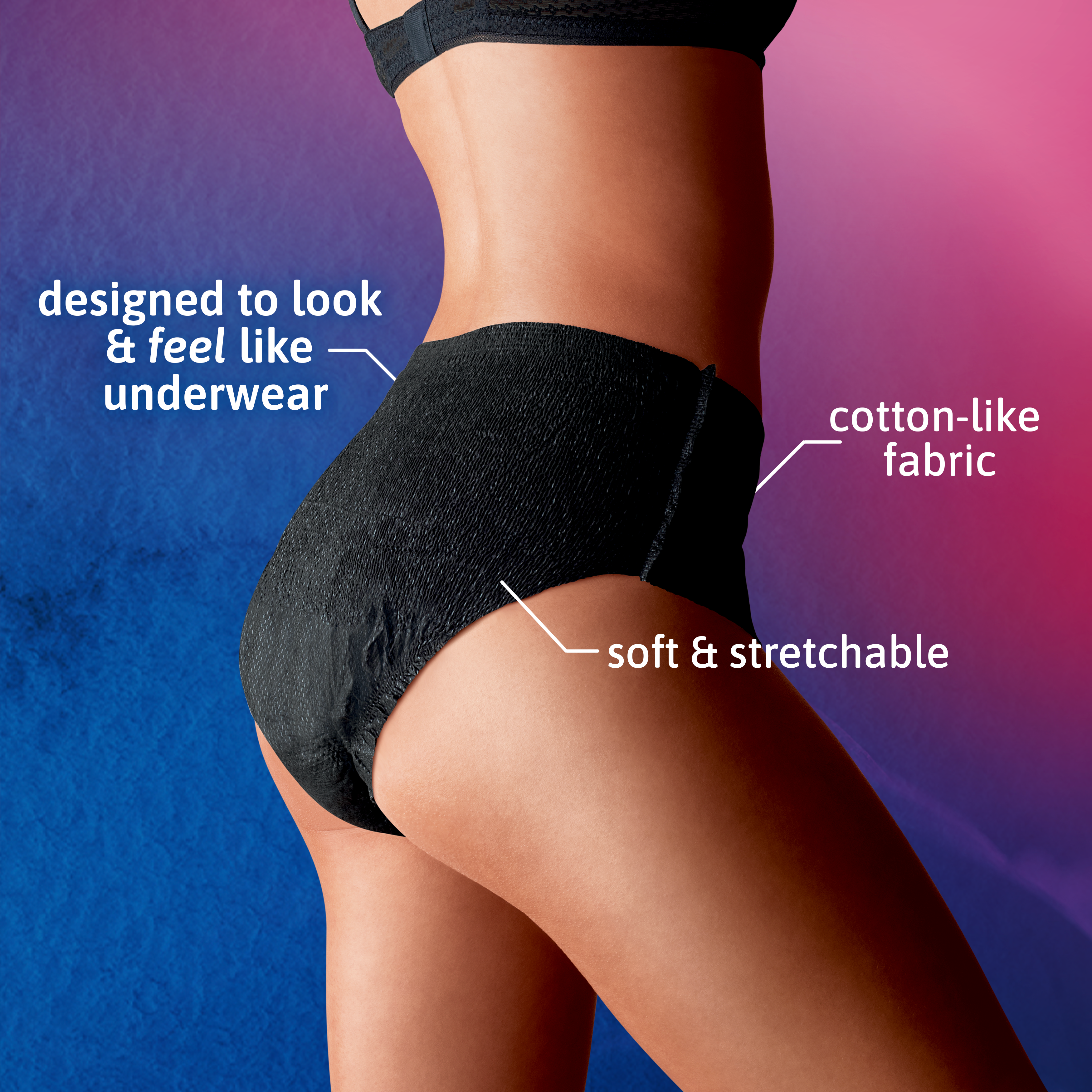 A woman wearing Black Stylish underwear with words, soft and stretchable, cotton-like fabric, and looks and feels like real underwear