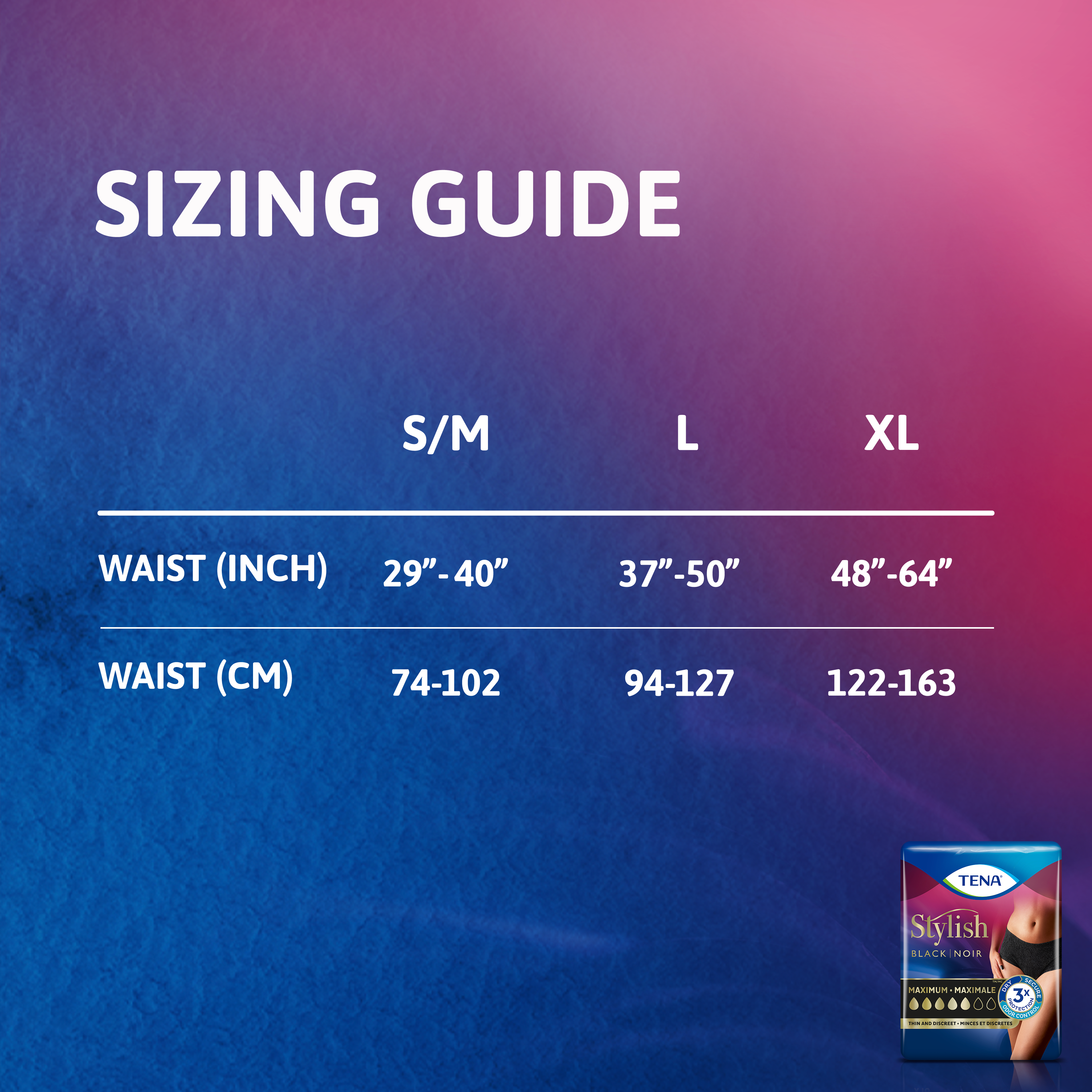 A table with sizing guide, small medium 29 inches to 40 inches, large 37 inches to 50 inches, extra large 48 inches to 64 inches