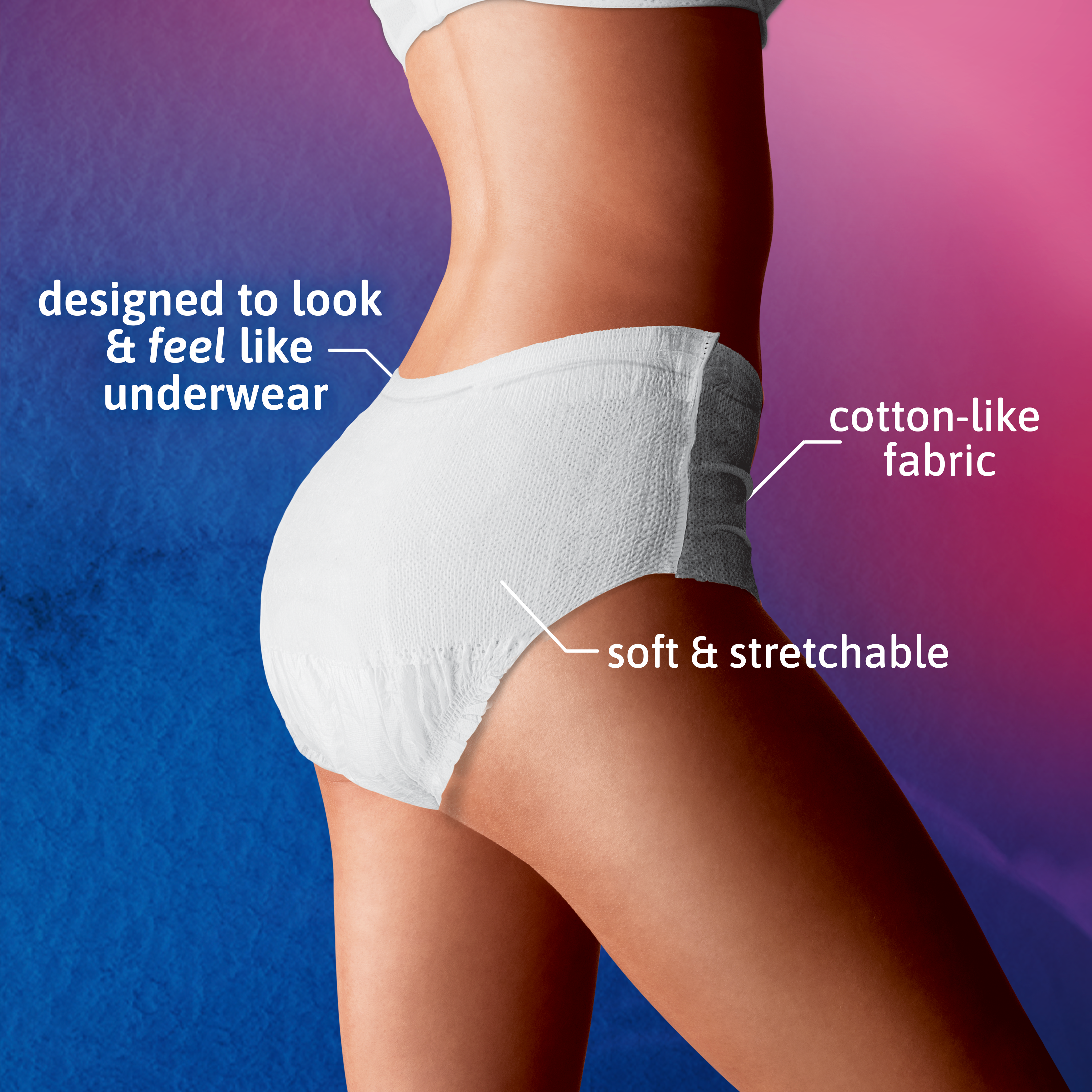 A woman wearing stylish underwear with words, soft and stretchable, cotton-like fabric, designed for look and feel like real underwear