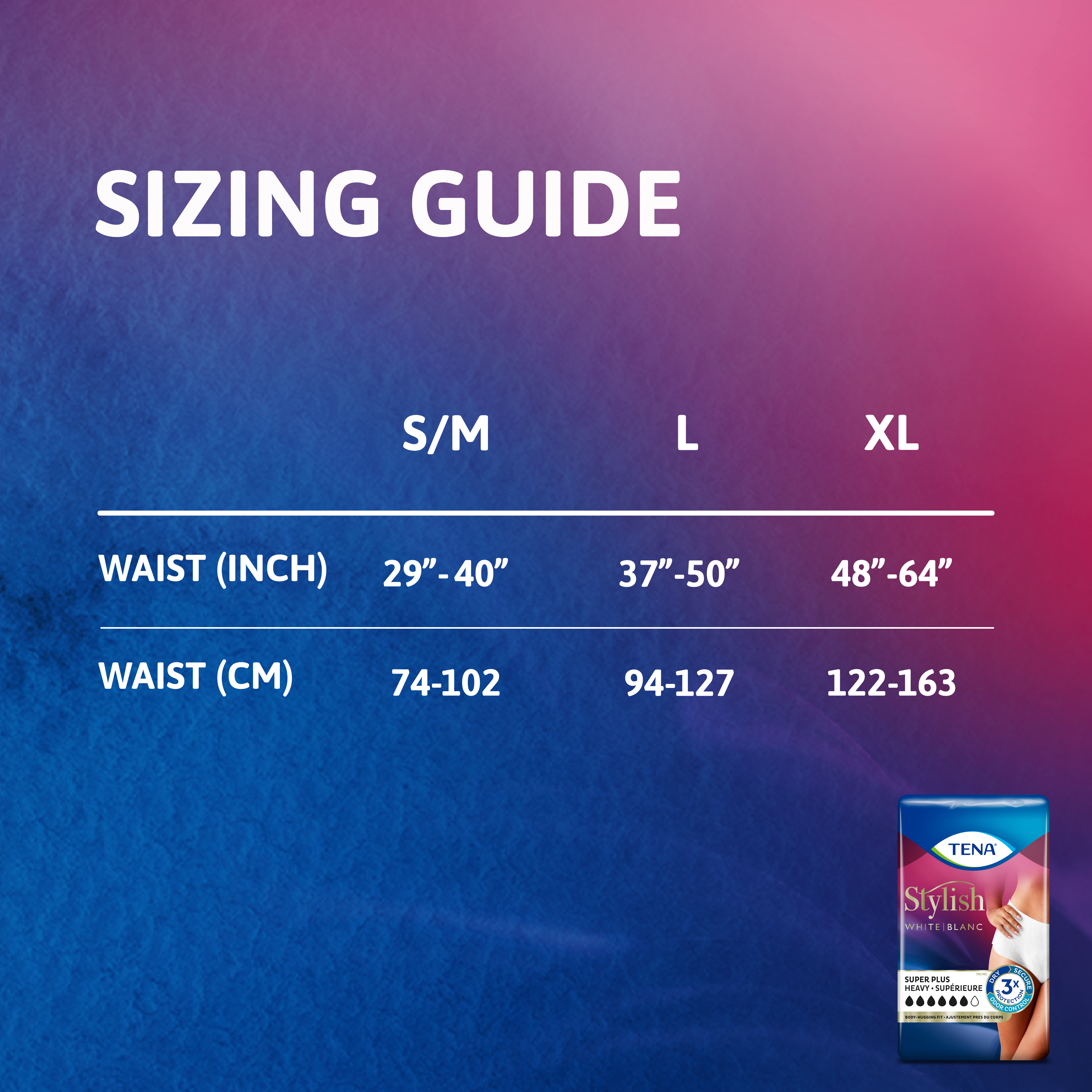 A table for sizing guide, small medium 29 inches to 40 inches, large 37 inches to 50 inches, extra large 48 inches to 64 inches