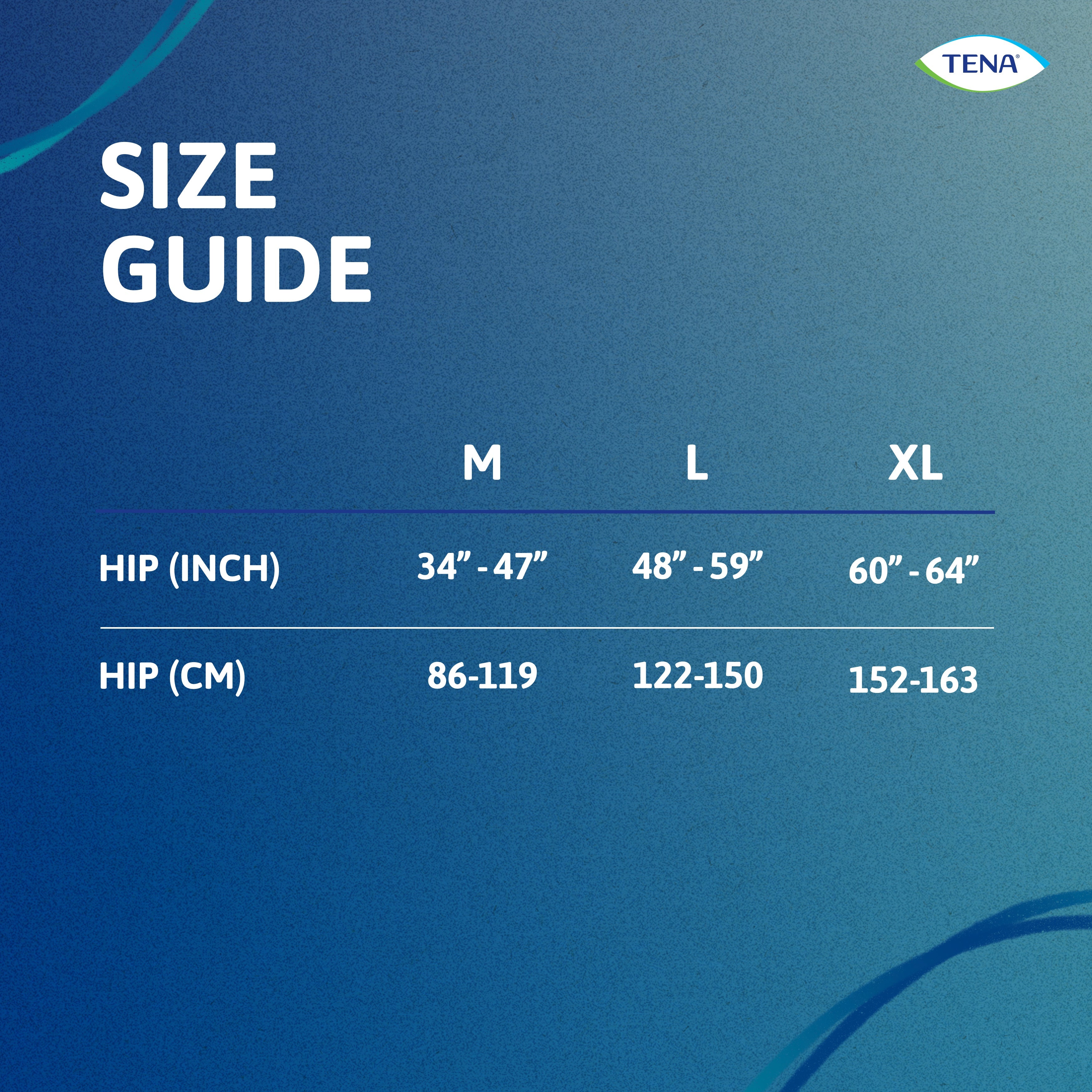 Sizing guide table, medium 34 inches to 47 inches, large 48 inches to 59 inches, and extra large 60 inches to 64 inches