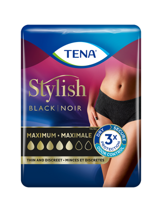 A package of TENA Women Black Stylish Underwear