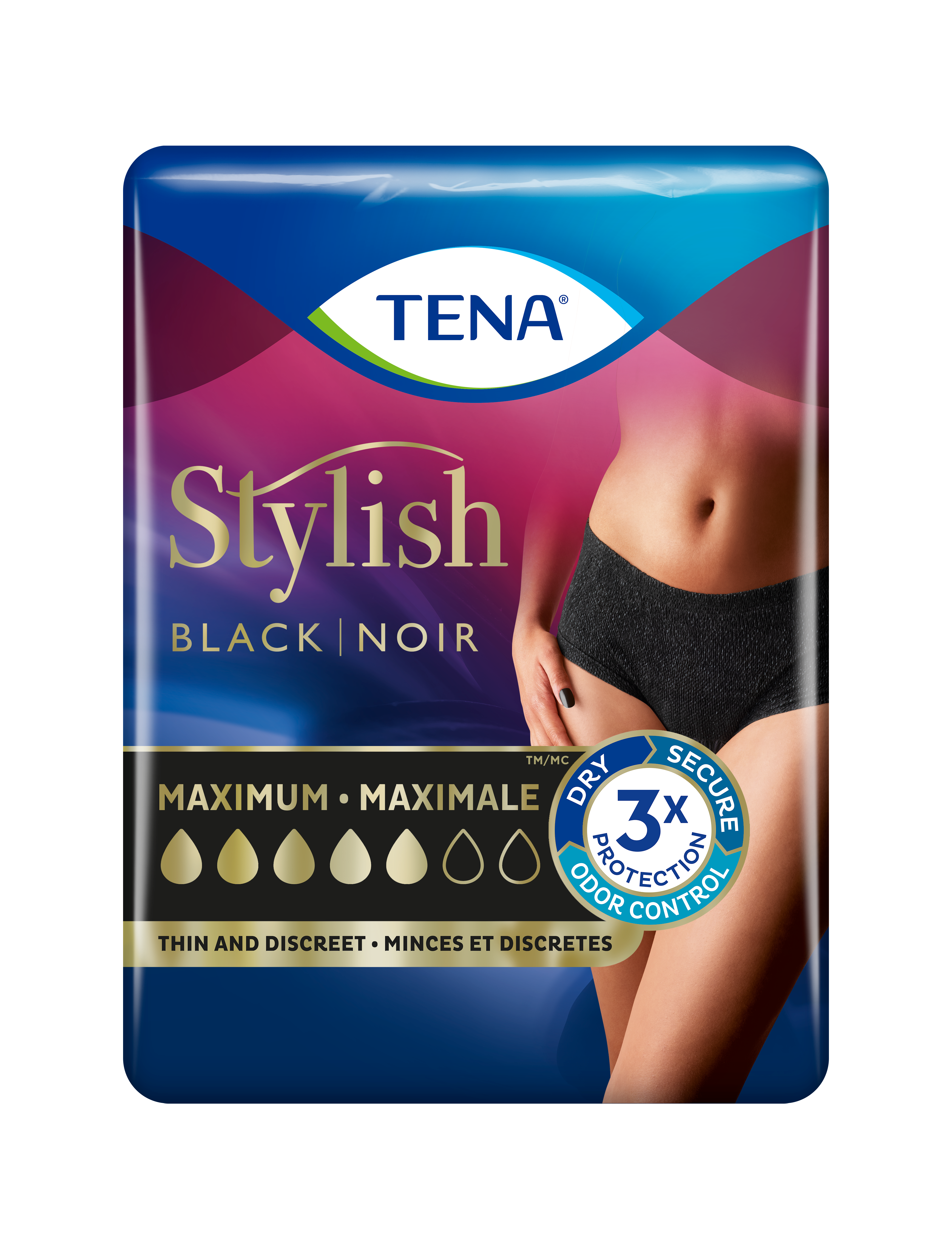 A package of TENA Women Black Stylish Underwear