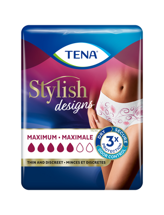 A package of TENA Women Stylish Designs Underwear