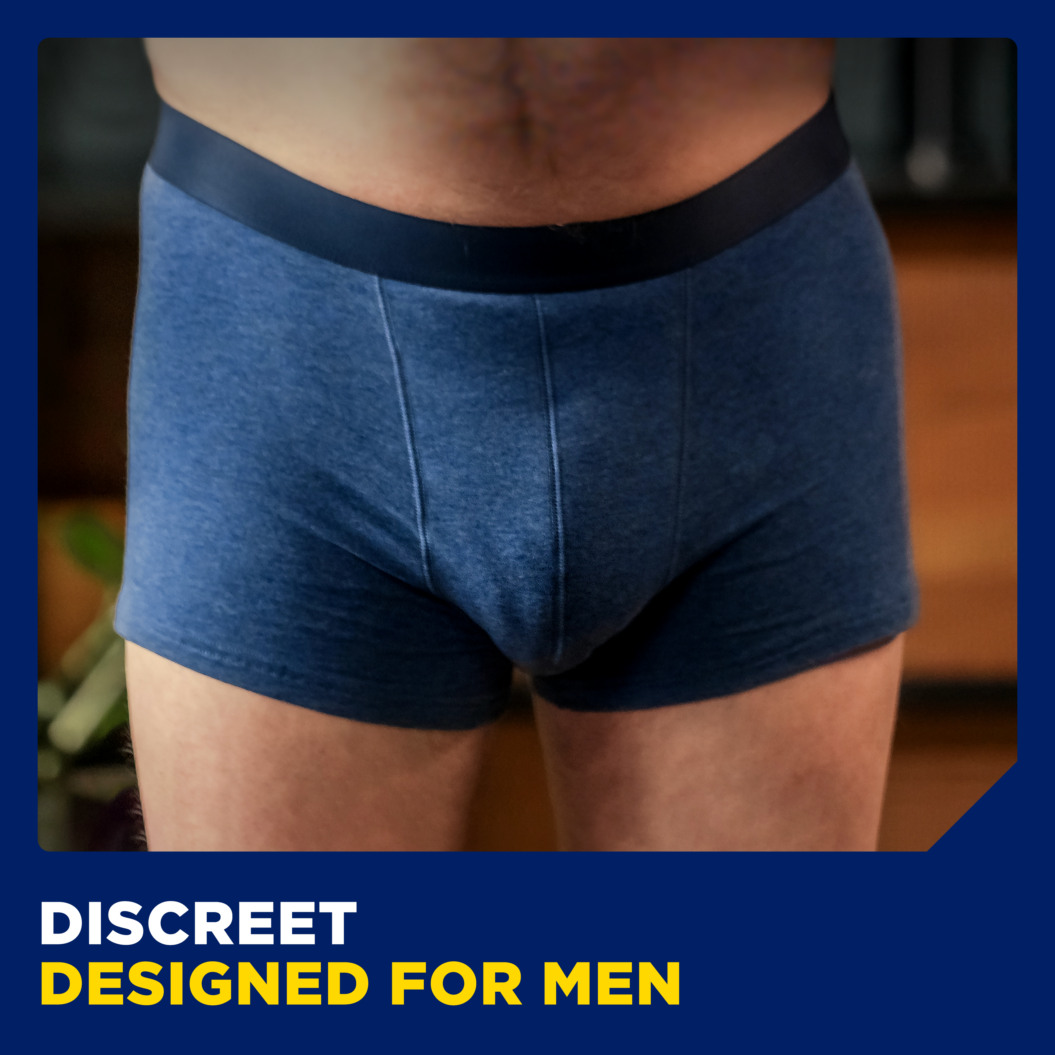 An image of a man in underwear with the words "discreet designed for men"