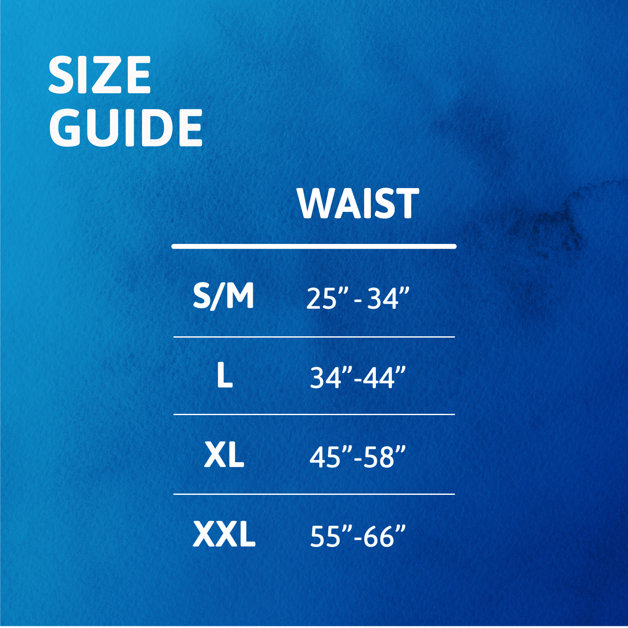 Size guide for waist measurements on a blue background