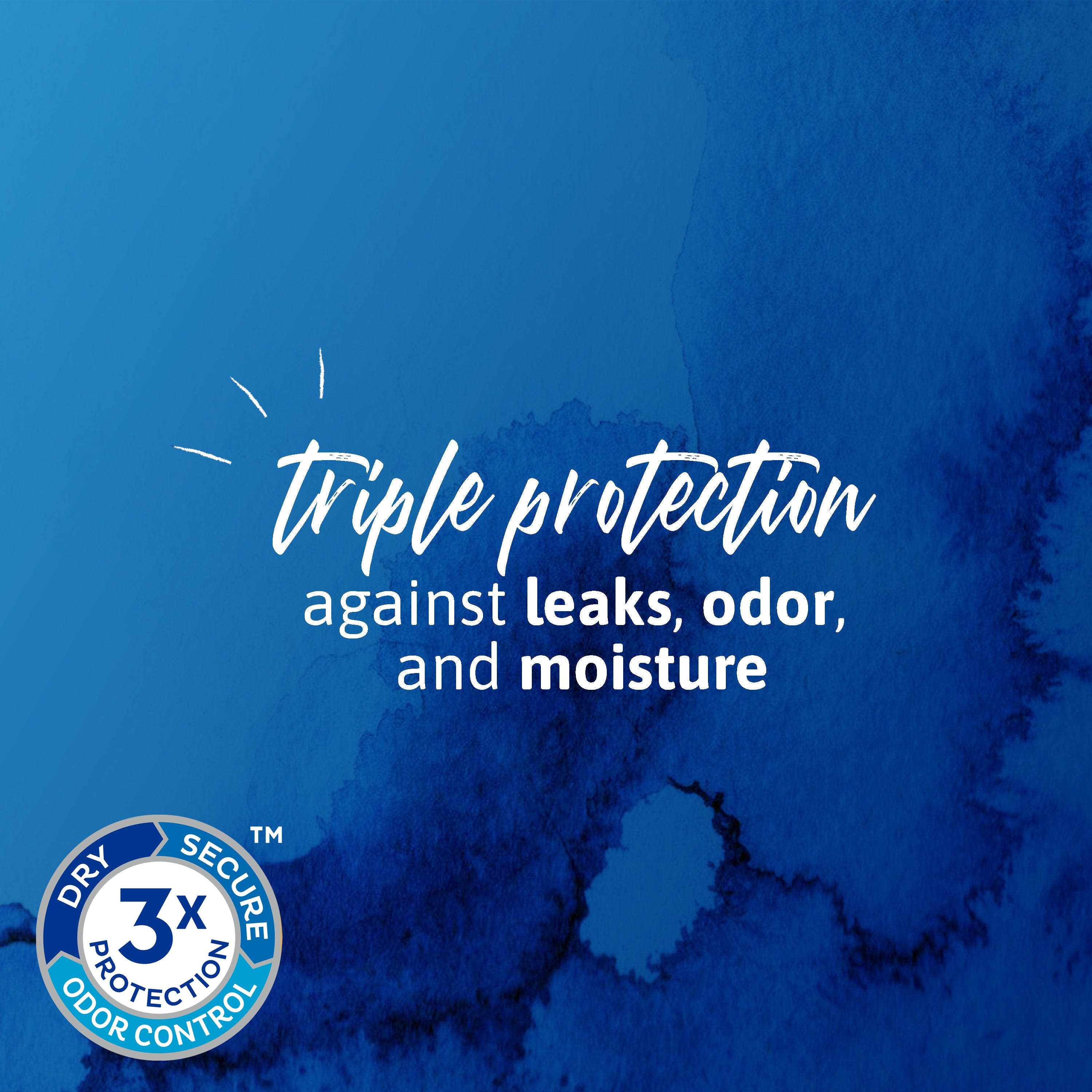 Words, Triple protection against leaks, odor and moisture on a blue background