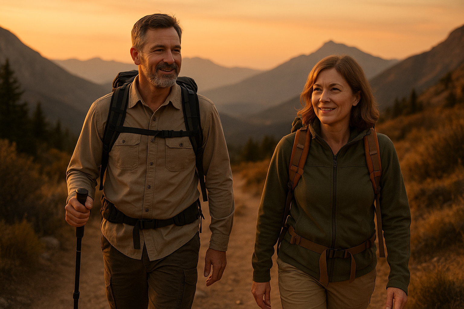 A middle aged man and a middle aged woman hiking at dusk