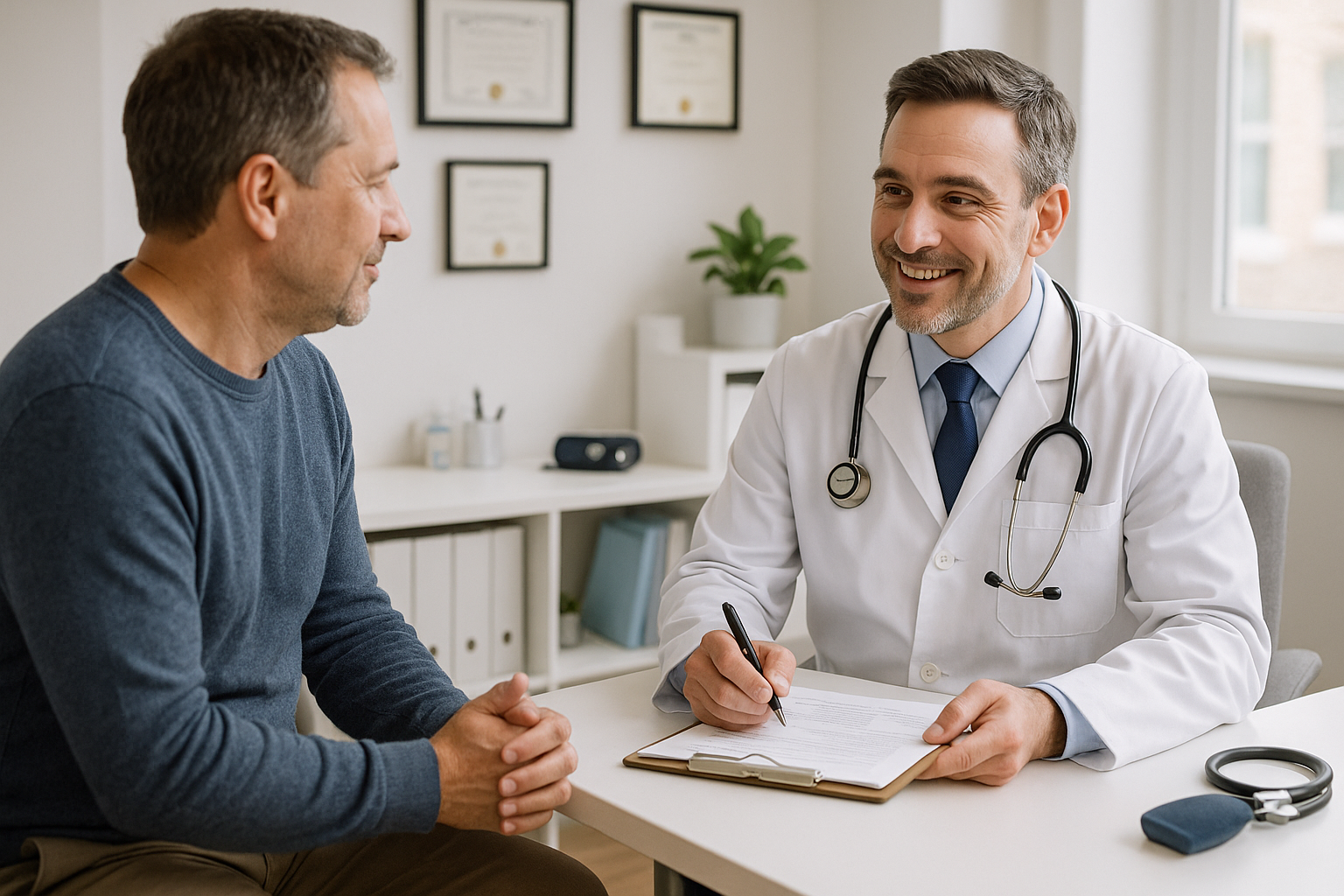 A middle aged man talks with his doctor