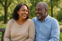 A smiling man and woman enjoy a relaxed outdoor moment together on a sunny day, reflecting confidence and comfort which is key for those managing incontinence while staying socially active. 