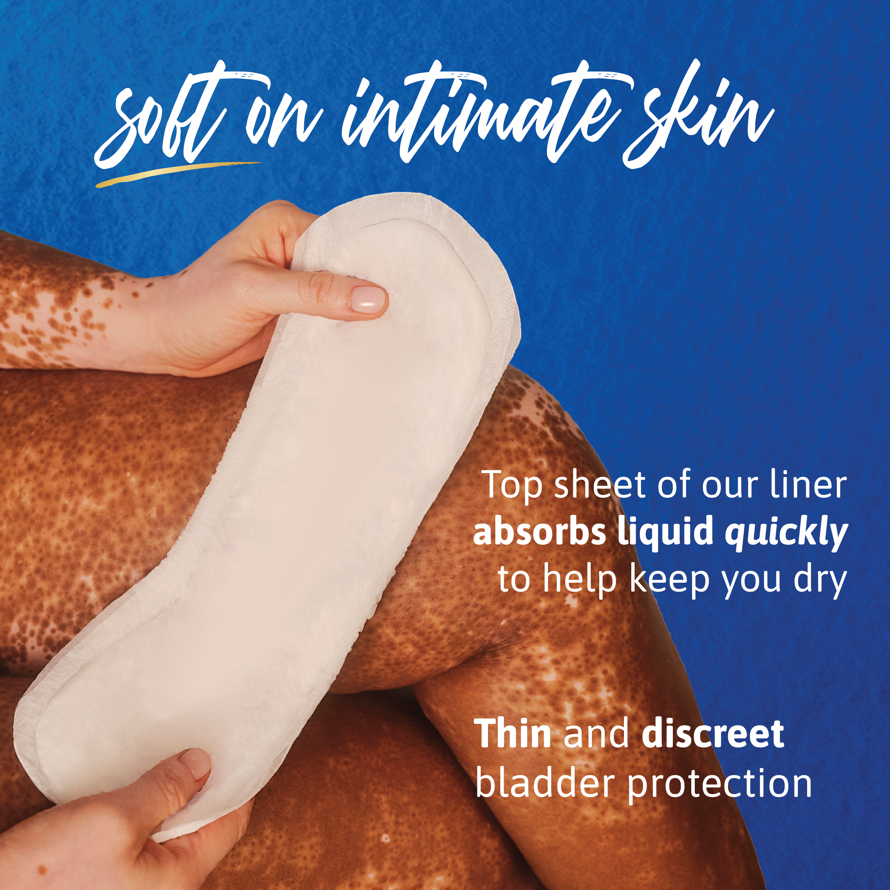 Two hands hold a pad, with words thin and discreet bladder protection