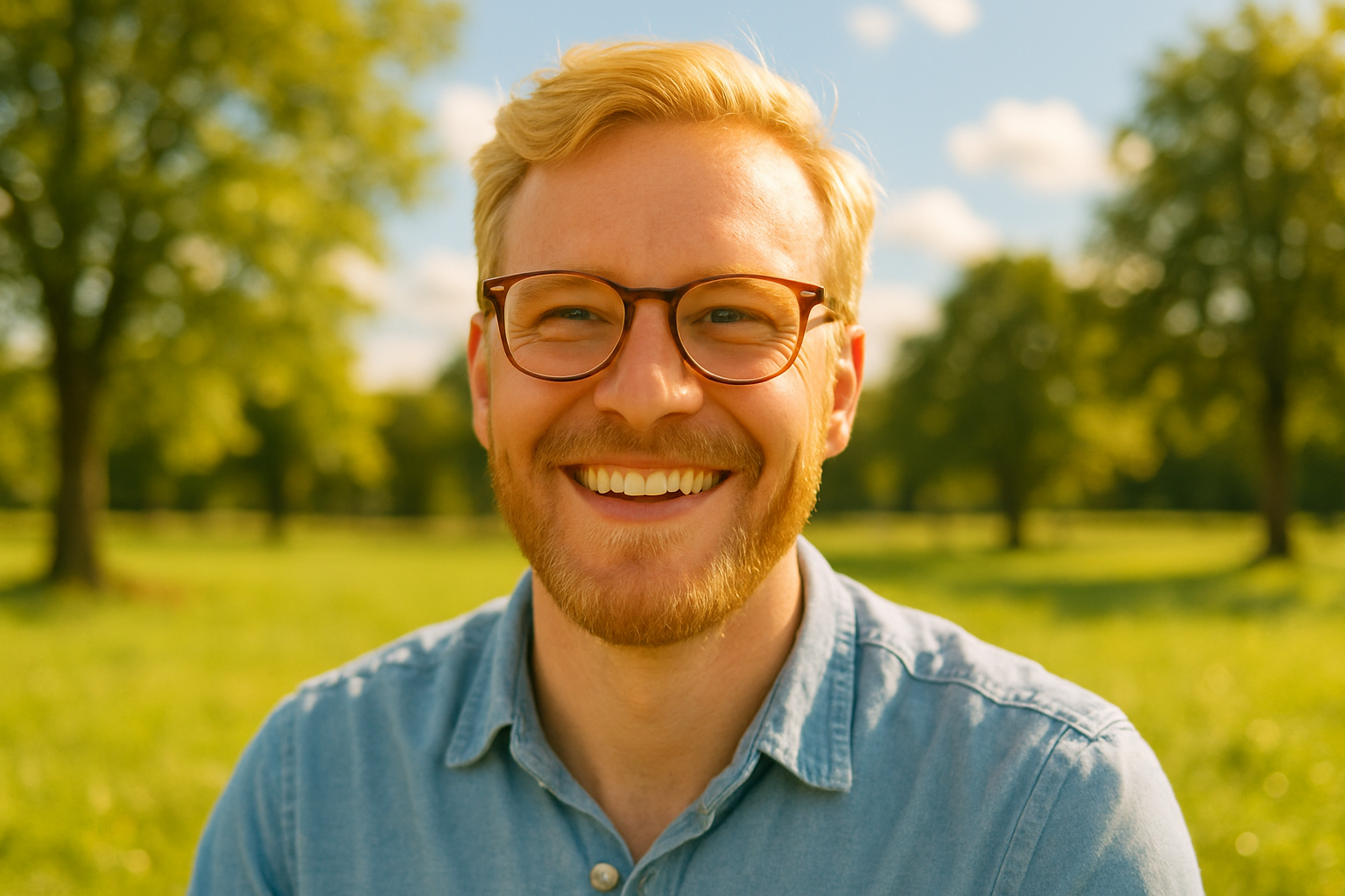 man with light blond hair and beard wearing glasses and a light blue shirt enjoying a sunny day outdoors