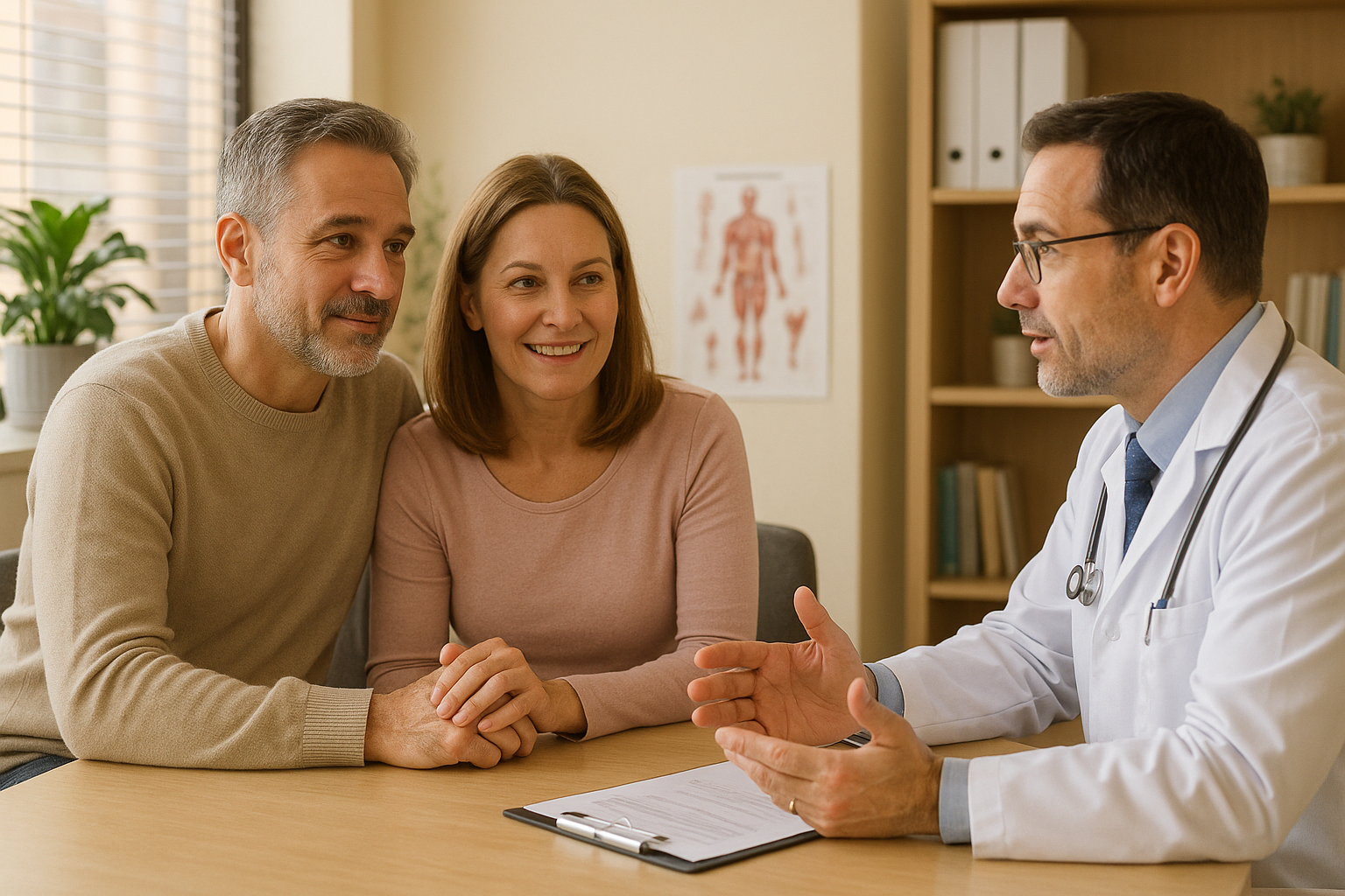 middle aged man and woman consulting with a doctor