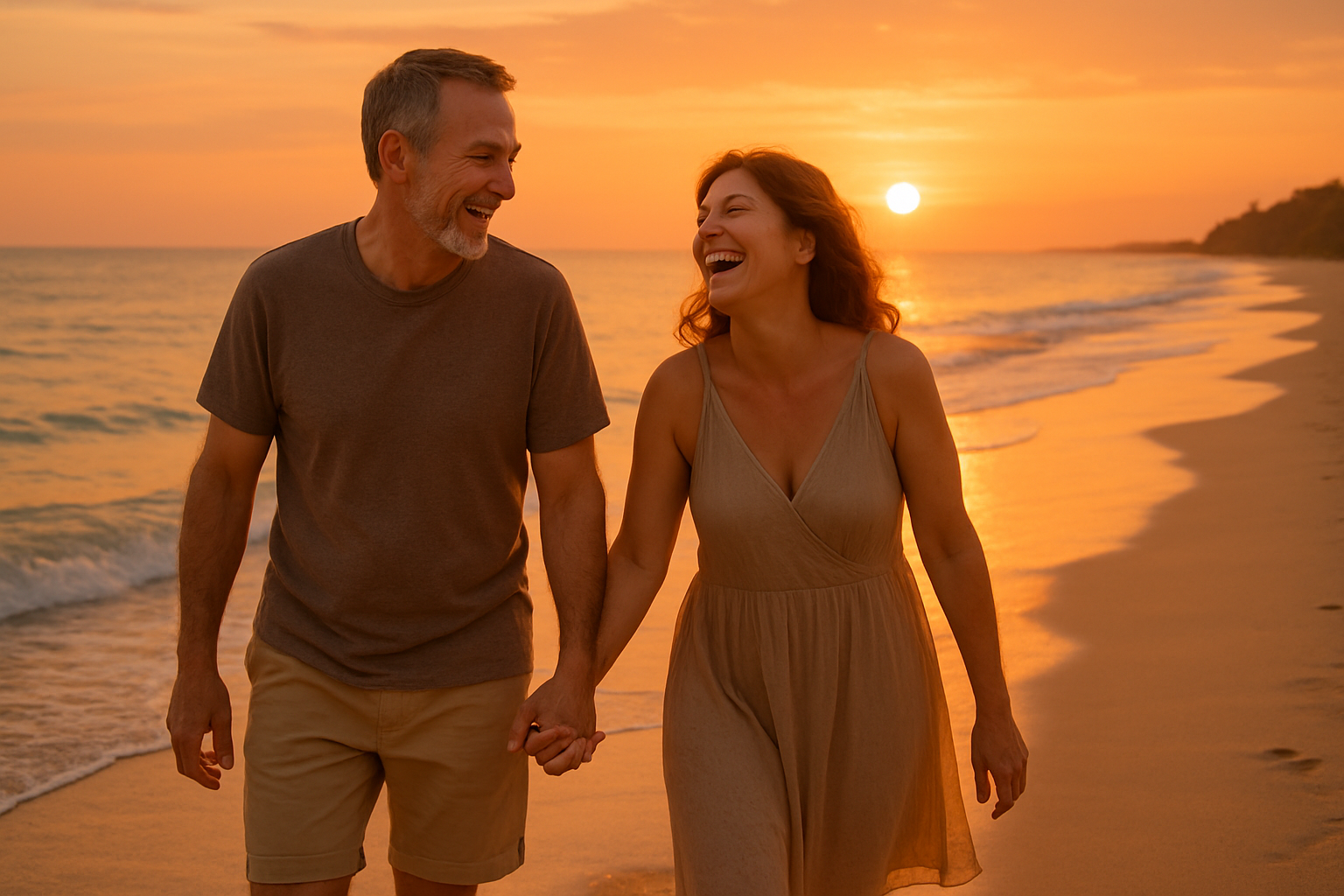 Middle-aged man and woman walking and laughing on the beach at sunset-highlighting the emotional and physical impacts of incontinence, a condition more commonly experienced by women. 
