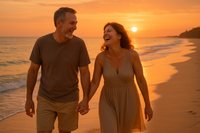 Middle-aged man and woman walking and laughing on the beach at sunset-highlighting the emotional and physical impacts of incontinence, a condition more commonly experienced by women. 